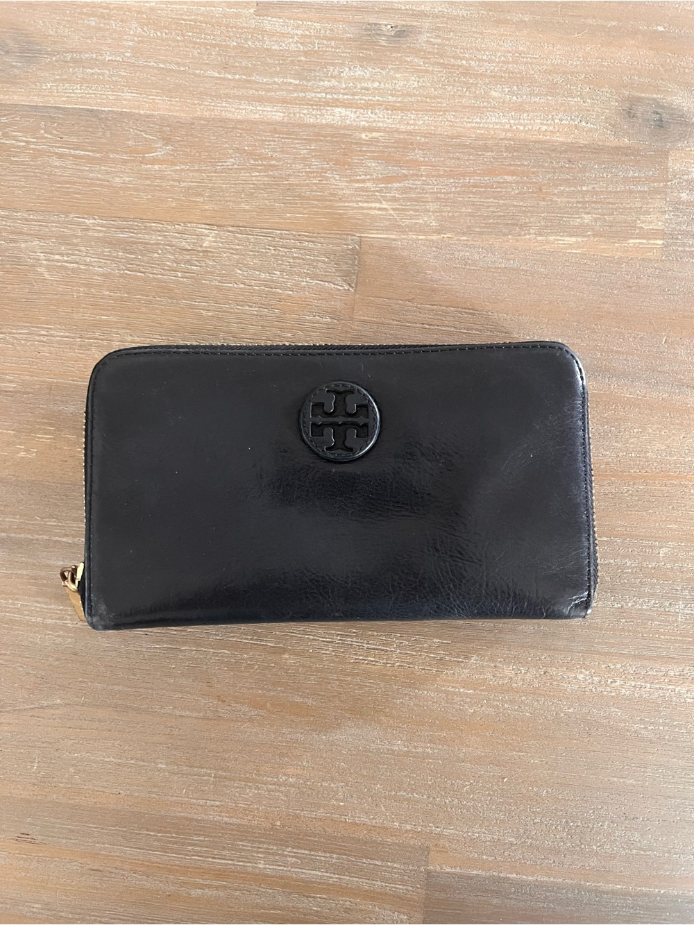 Tory Burch Black Leather Zip-Around Wallet with Logo